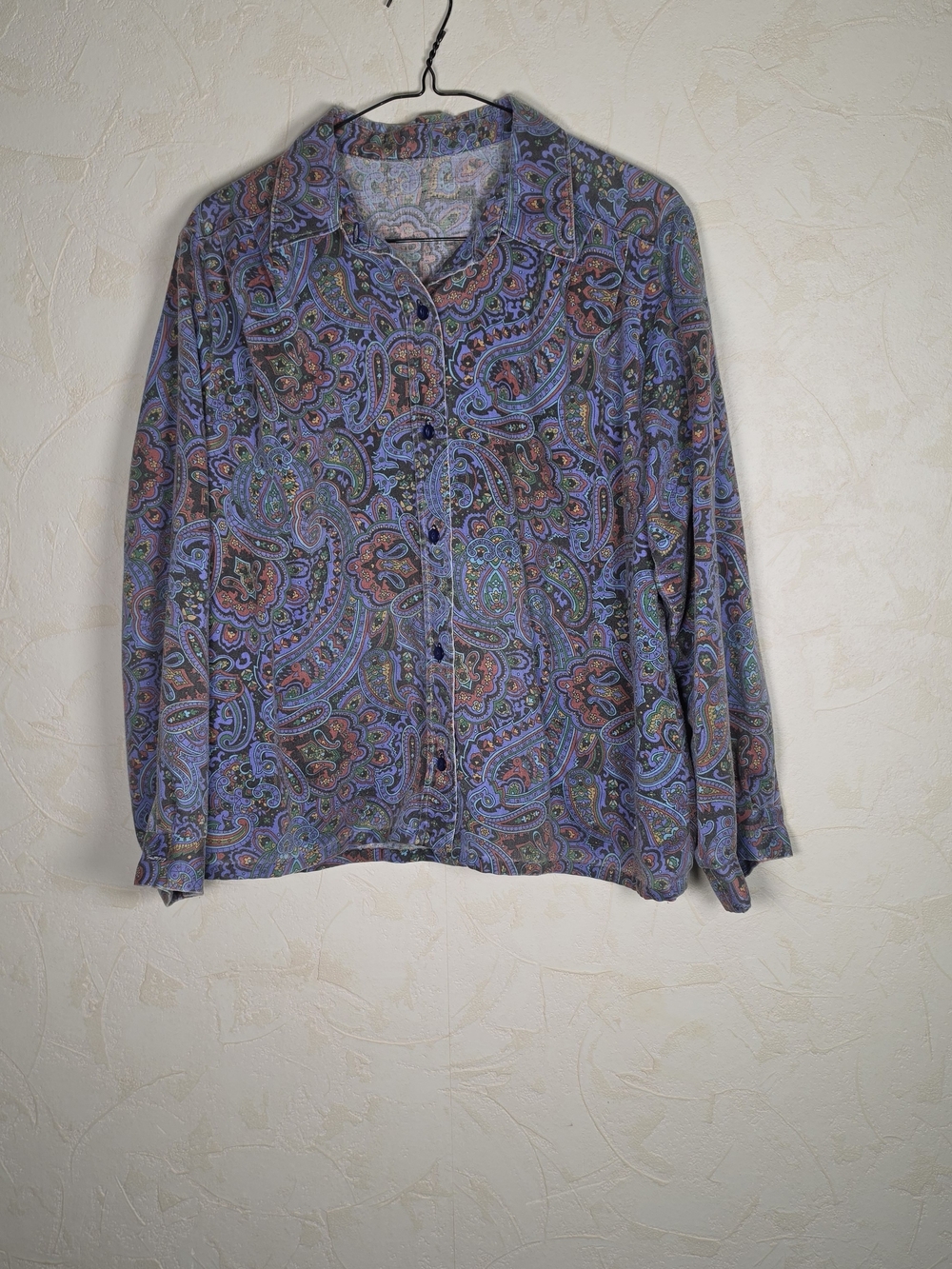 Vintage 90s blue purple paisley long sleeve button up top boho womens xl